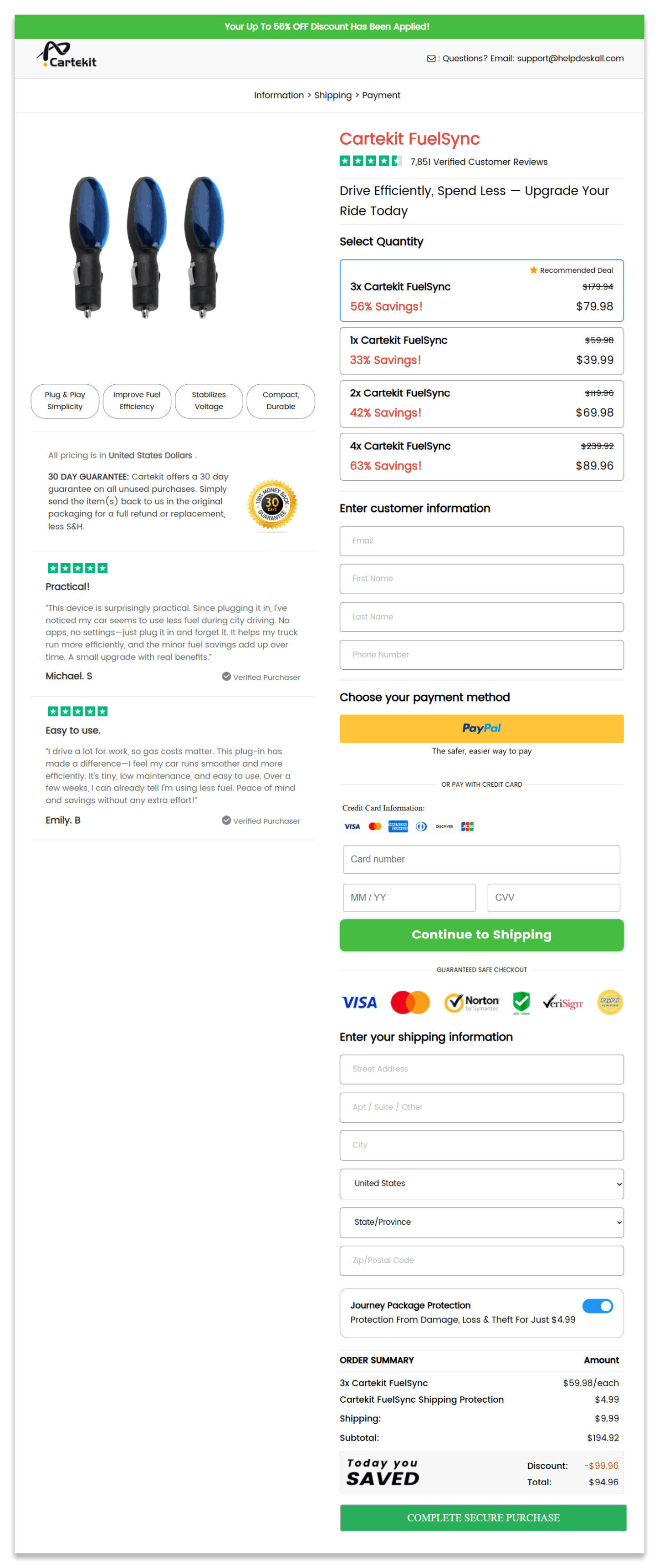 Cartekit FuelSync Optimizer Secure Checkout Page